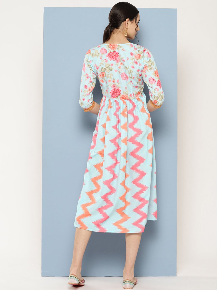 Ahalyaa Floral Printed Midi Empire Ethnic Dress | Grocsy