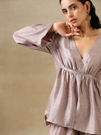 trueBrowns Grey Textured Silk Deep V-Neck Co-Ord Set | Grocsy