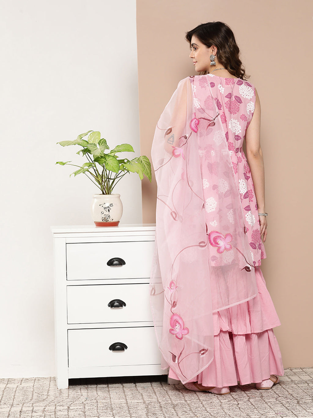 InWeave Women's Pink Printed Chintz Tiered Sharara Set With Dupatta | Grocsy