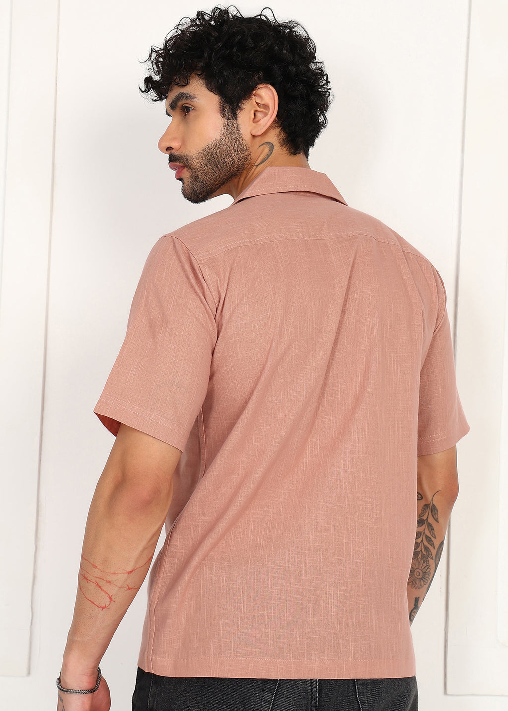 Fabmade Men’S Peach Linen Short-Sleeve Shirt | Grocsy