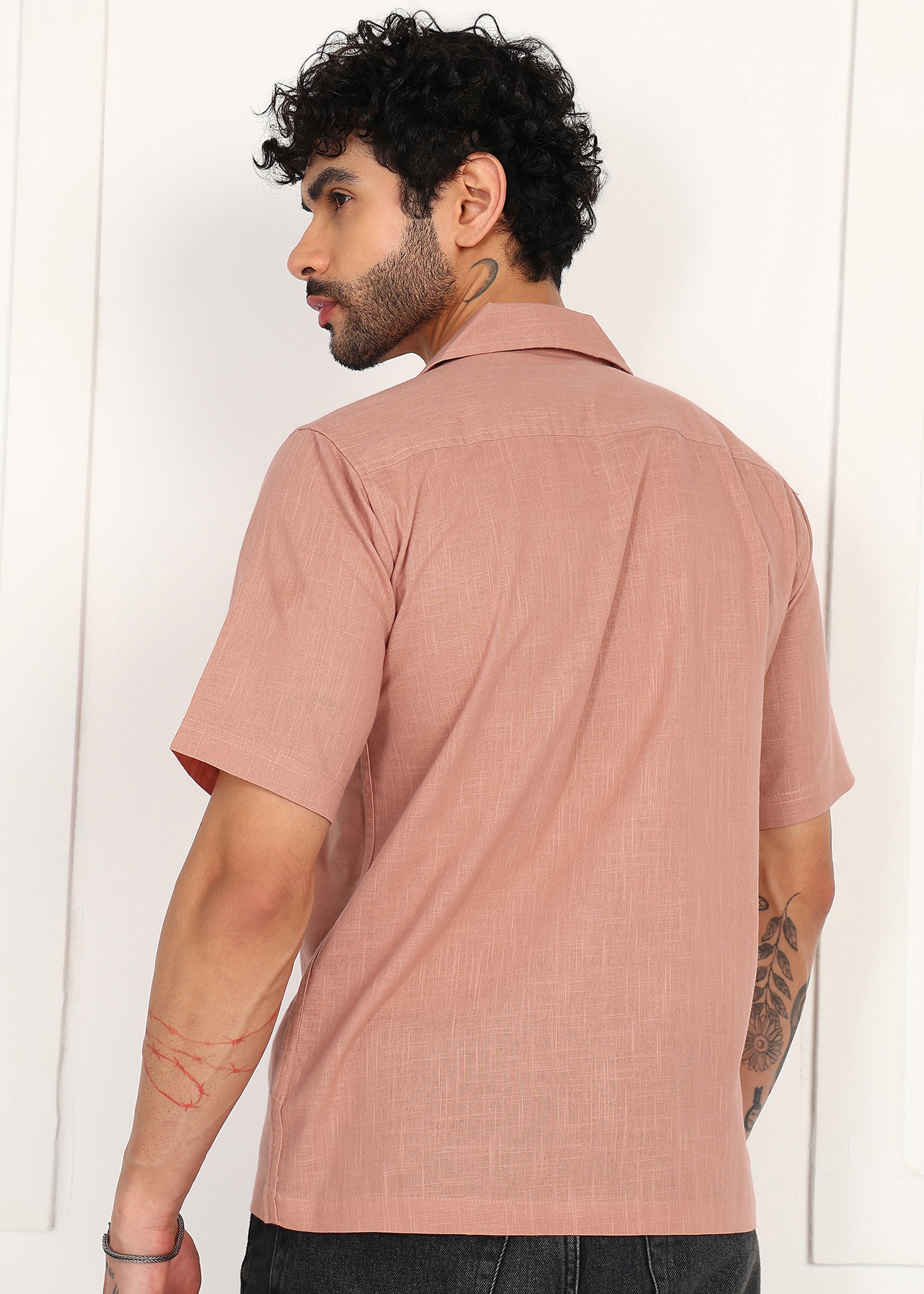 Fabmade Men’S Peach Linen Short-Sleeve Shirt | Grocsy