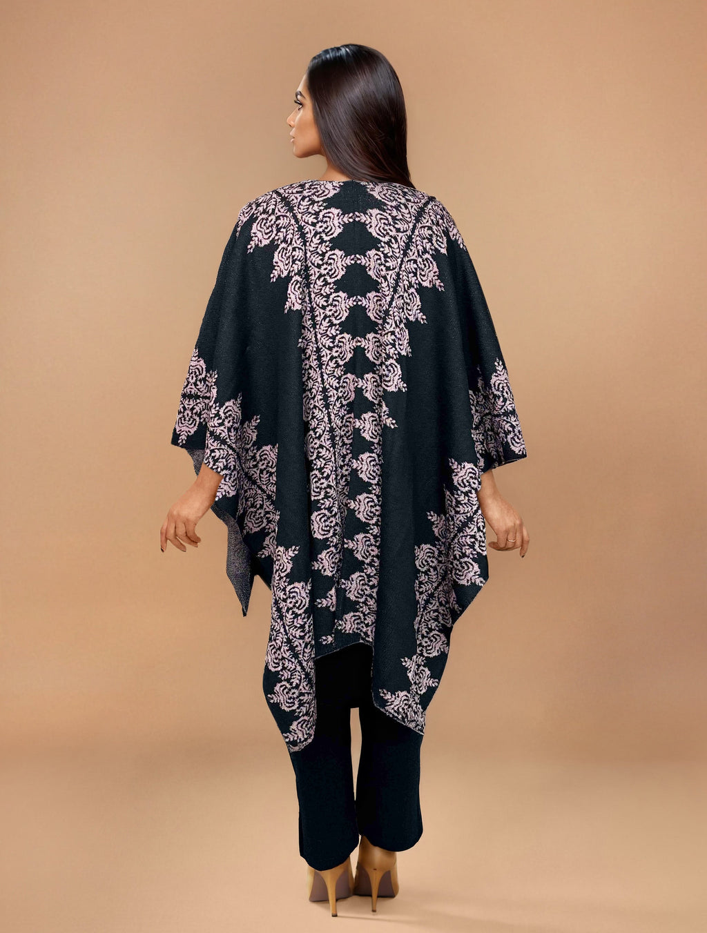 trueBrowns Black Woollen Pink Jacquard Kaftan Cape | Grocsy
