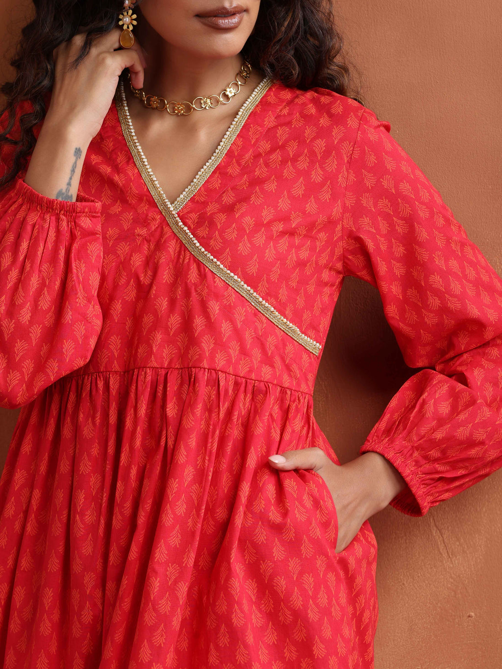 trueBrowns Red Print Angrakha Co-ord Set | Grocsy