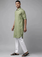 Fabmade Pure Cotton Olive Green Printed Pathani Kurta Pyjama | Grocsy