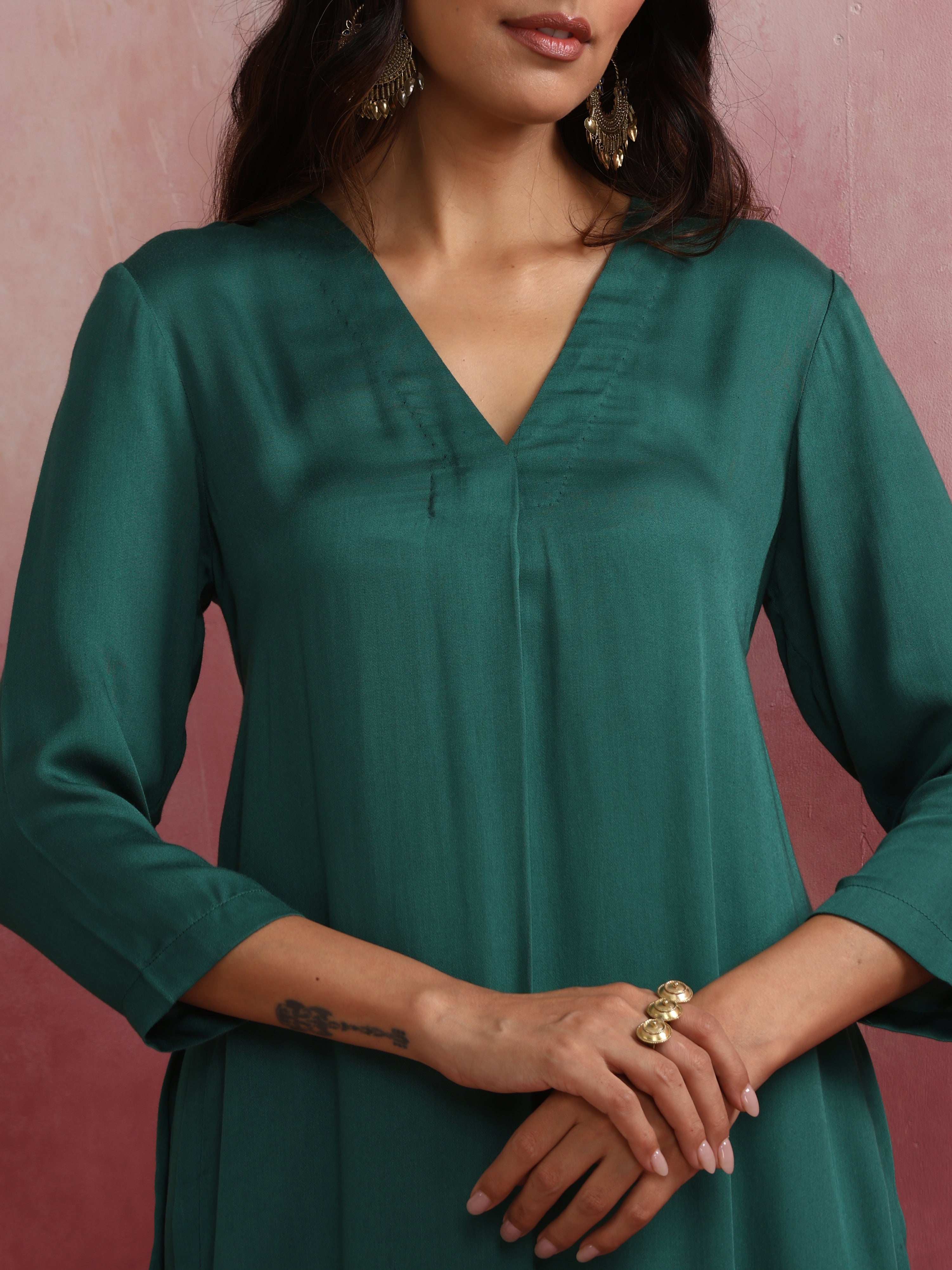 trueBrowns Green Modal Pleated Kurta Set | Grocsy