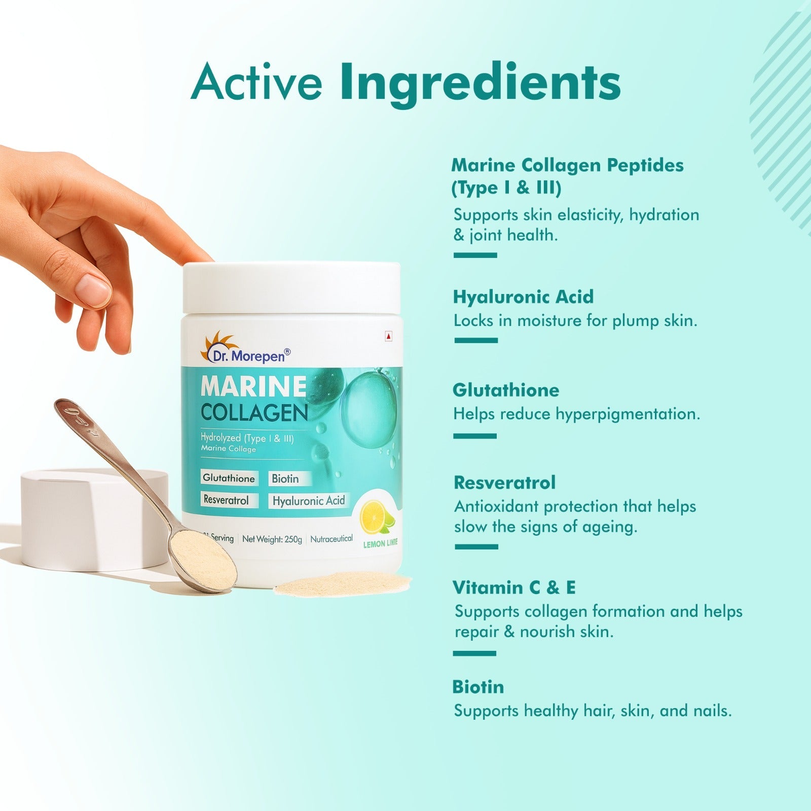 Dr. Morepen Biotin+ Advanced Tablets & DR. Morepen Marine Collagen Powder with Glutathione, Hyaluronic Acid, Resveratrol & Biotin Lemon Lime Flavour - Combo | Grocsy