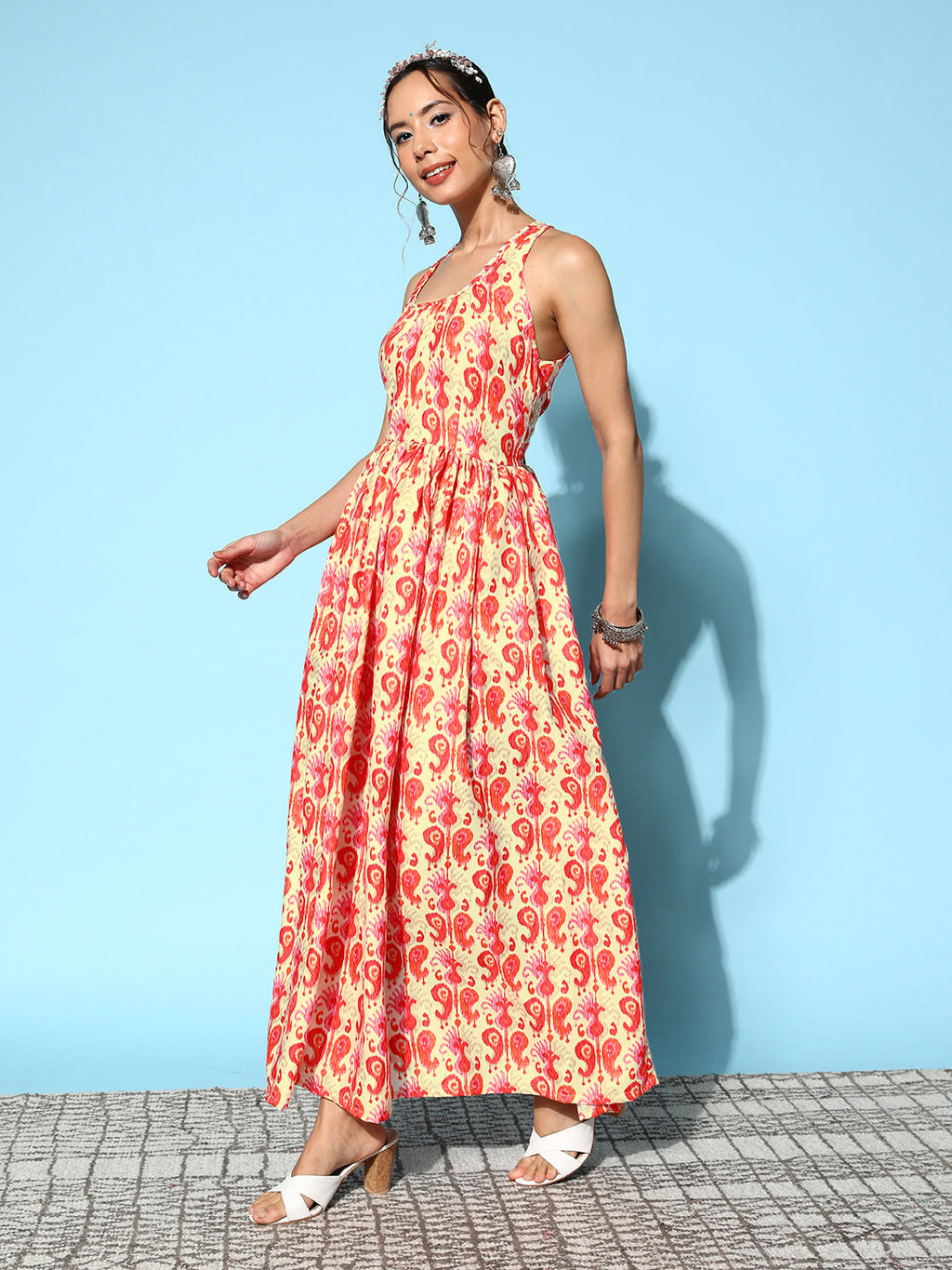InWeave Women's Orange Paisley Print Raisa Back Detail Dress | Grocsy