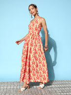 InWeave Women's Orange Paisley Print Raisa Back Detail Dress | Grocsy