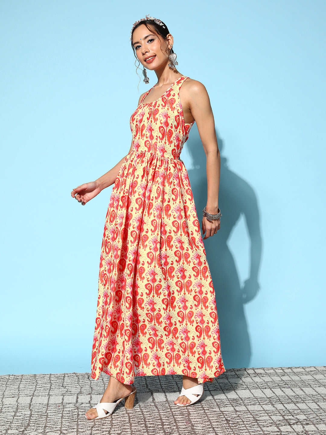 InWeave Women's Orange Paisley Print Raisa Back Detail Dress | Grocsy