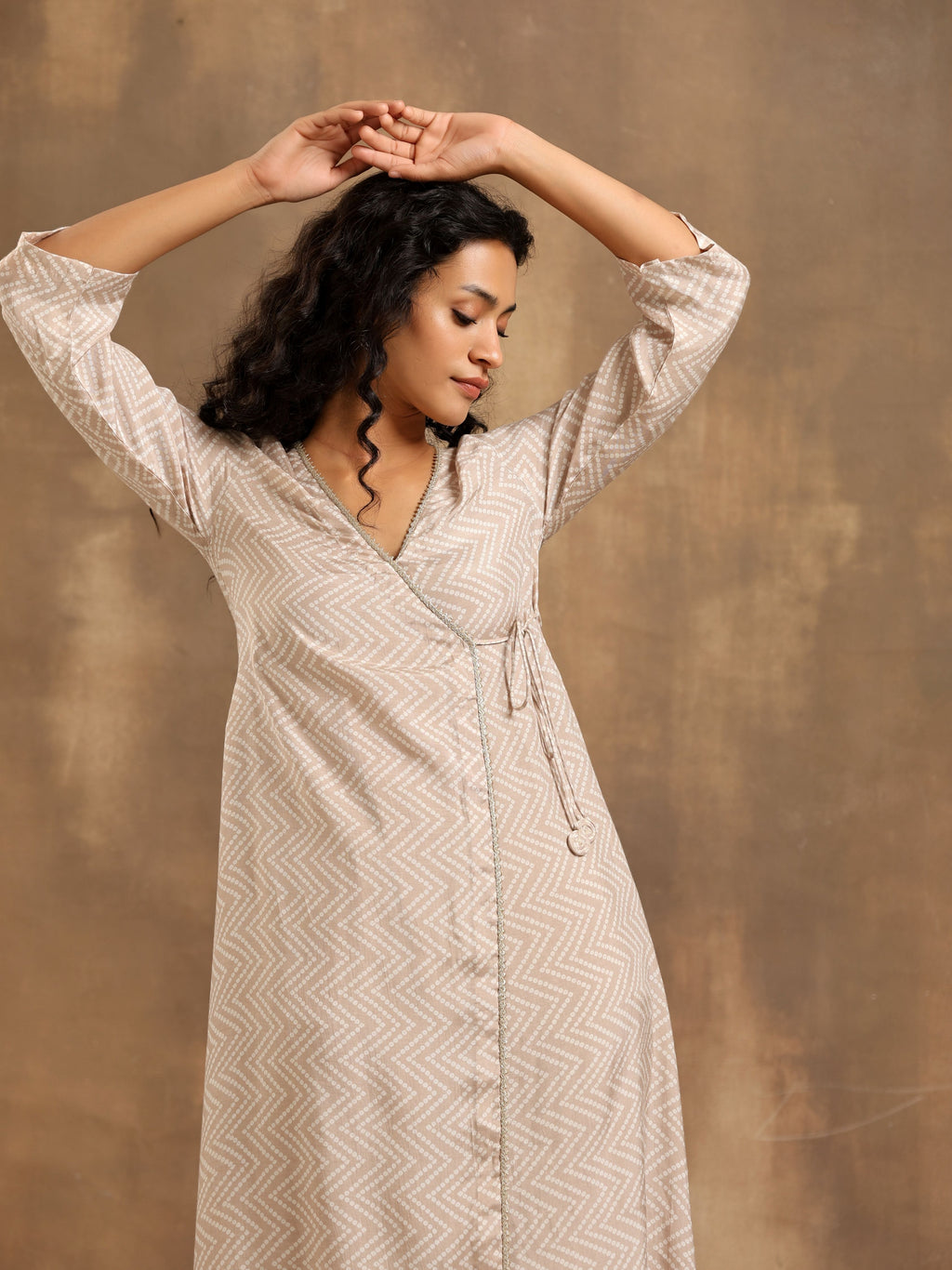trueBrowns Beige Zig-Zag Print Silk Angrakha Kurta Pant Set | Grocsy