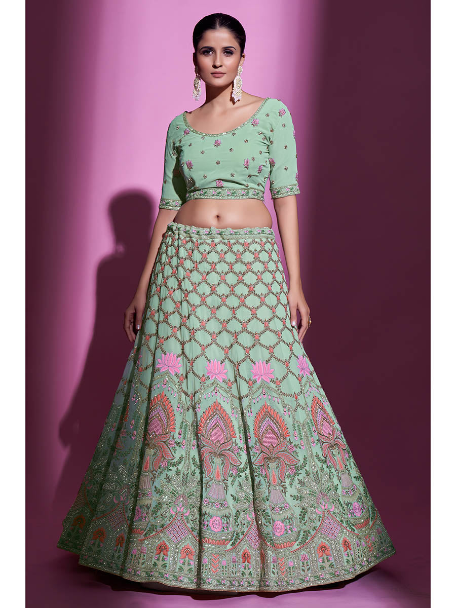 Myra Pista Green Georgette Embroidered Designer Lehenga Choli | Grocsy