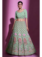 Myra Pista Green Georgette Embroidered Designer Lehenga Choli | Grocsy