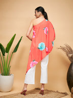 InWeave Women's Dark Orange Pink Blue Flower One Shoulder Kurta | Grocsy