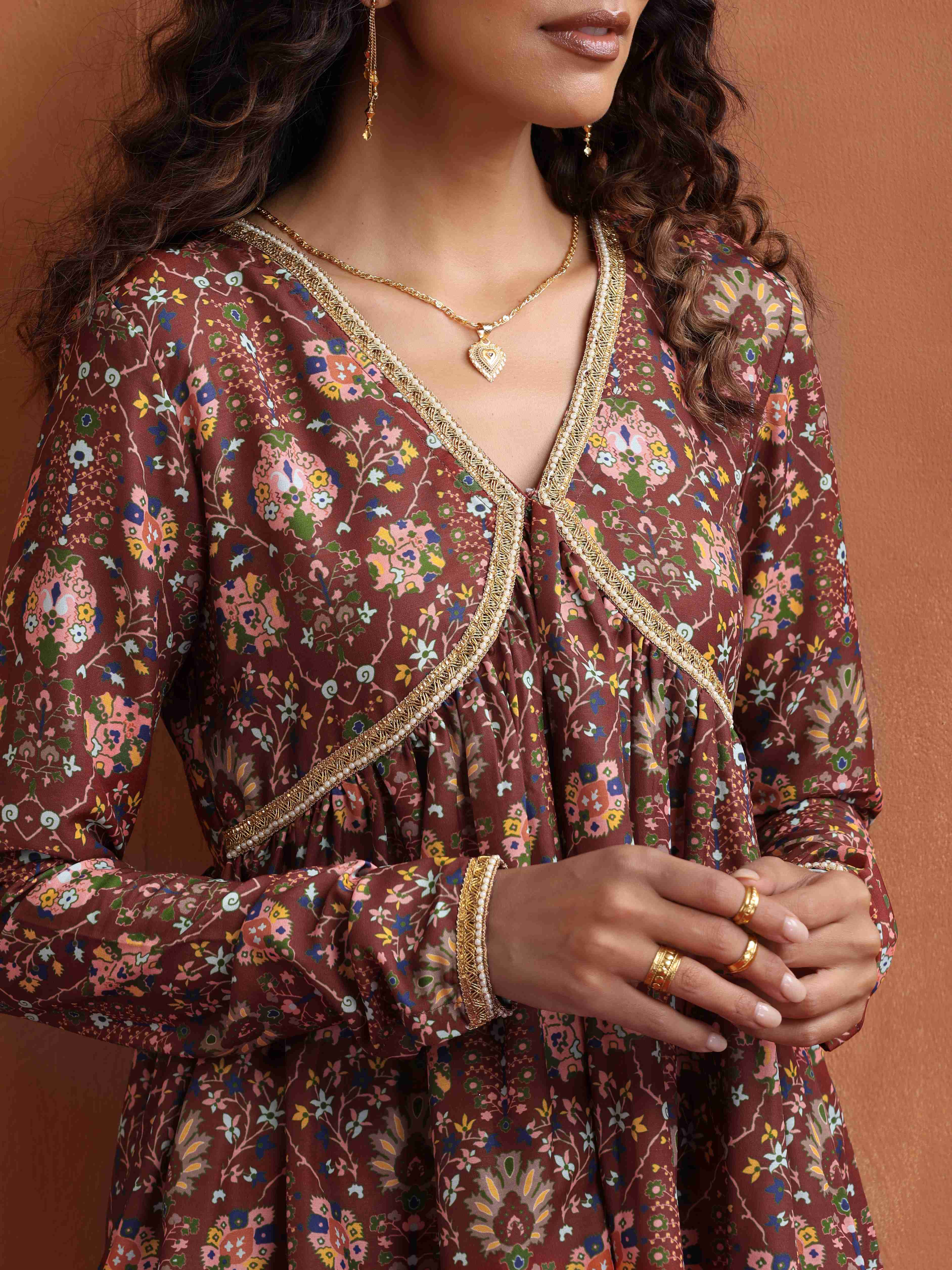 trueBrowns Brown Print Sharara Set | Grocsy