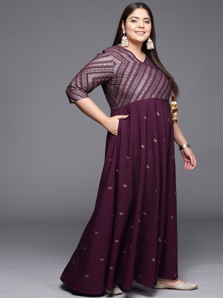 Ahalyaa Plus Size V-neck Maxi Ethnic Dress | Grocsy