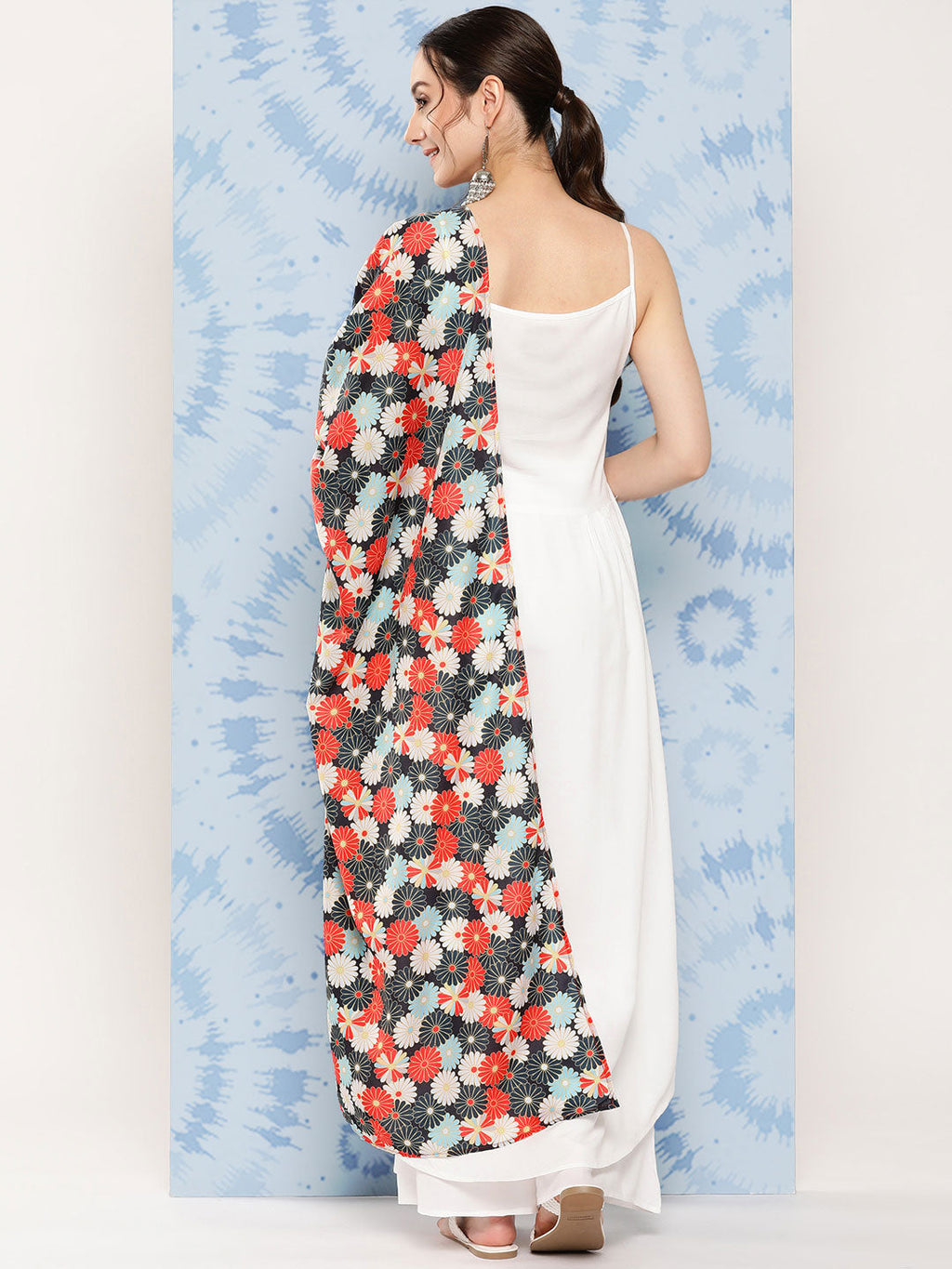 InWeave Women's White Strappy Set With White Red Round Motif Dupatta | Grocsy