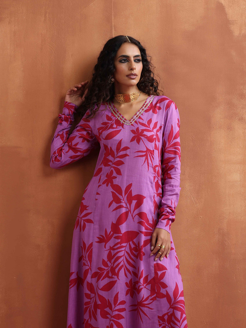 trueBrowns Purple Print A-line Kurta Set | Grocsy