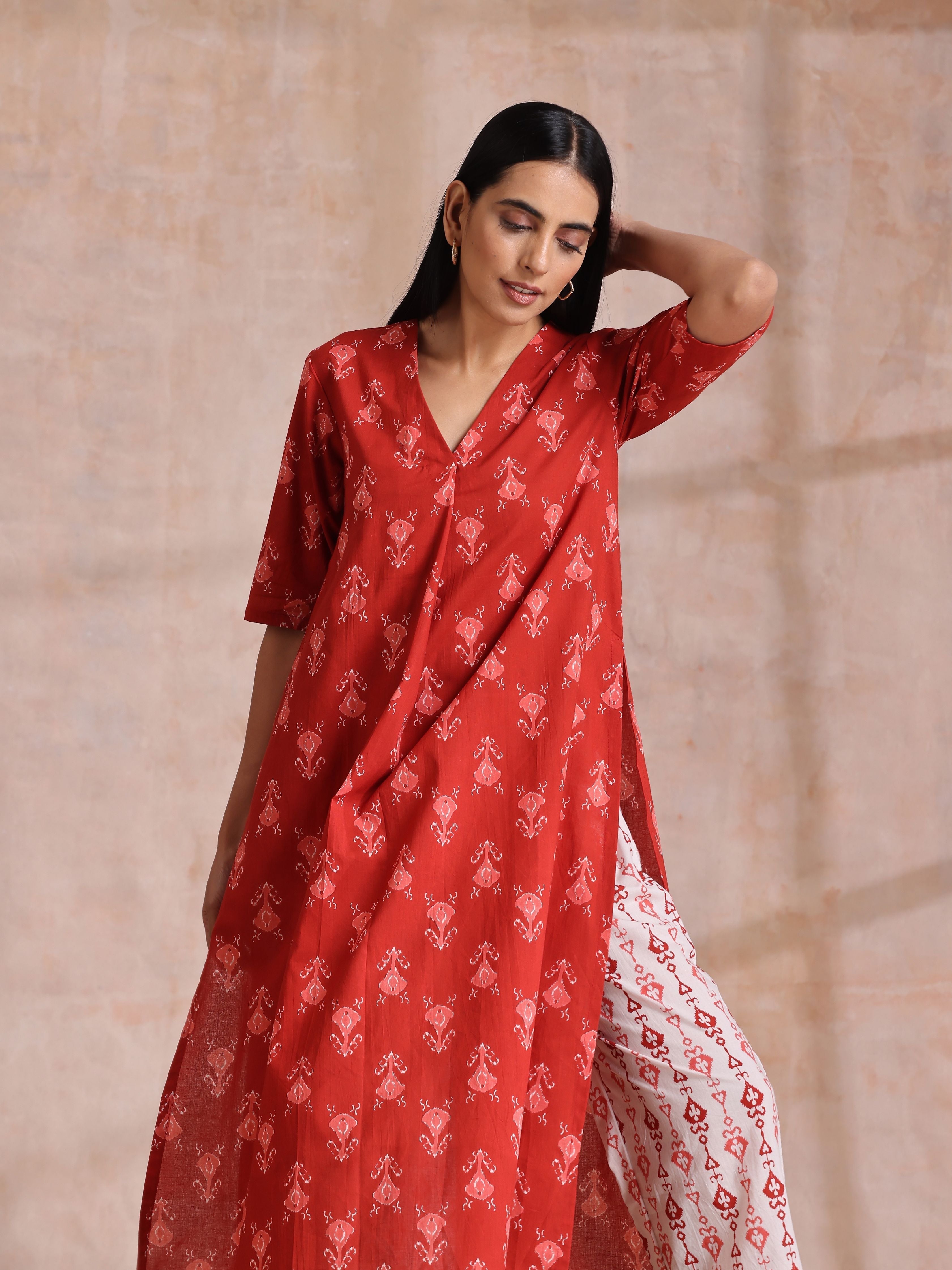 trueBrowns Red On Red Ikat Print Cotton Kurta Pant Set | Grocsy