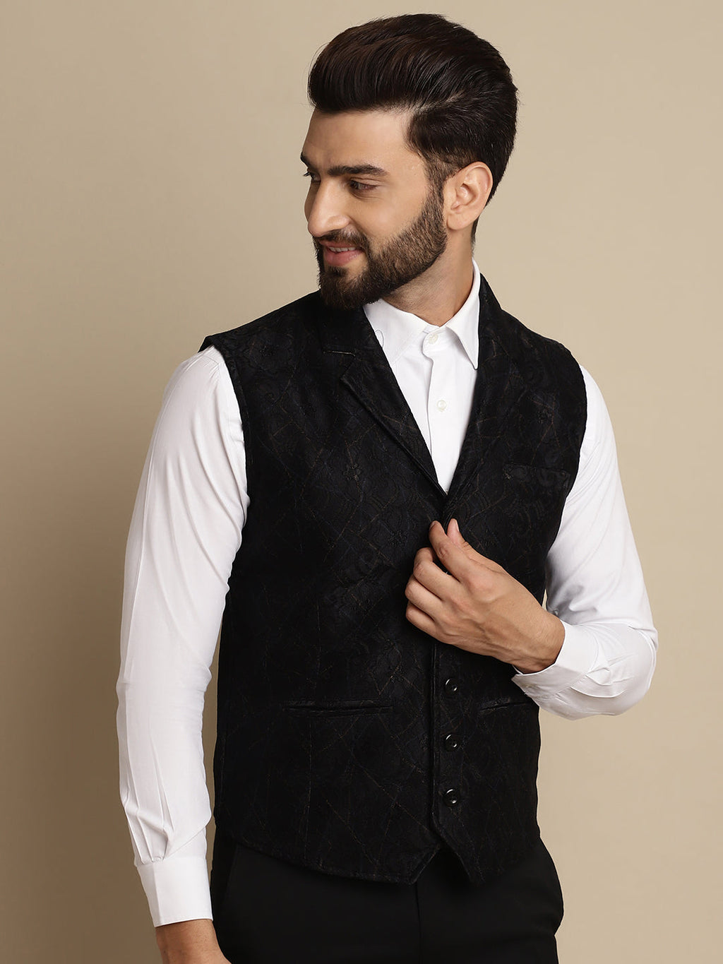 Even Apparels Men's Black Waistcoat with Notched Lapel | Grocsy