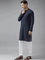 Fabmade Men Navy Blue Cotton Linen Kurta Pyjama | Grocsy