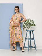 Ahalyaa Women Nude-Coloured Floral Printed Gotta Patti Kurta with Trousers & With Dupatta | Grocsy