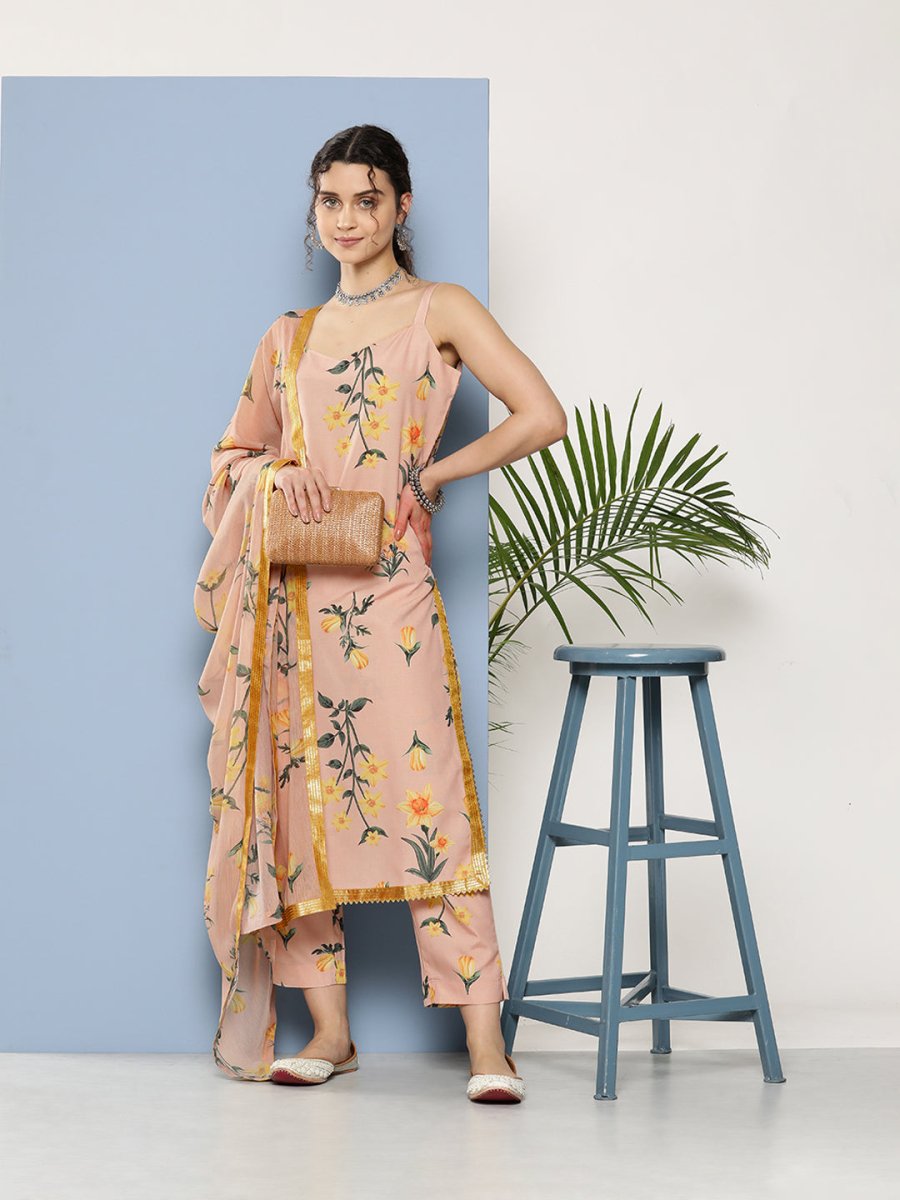 Ahalyaa Women Nude-Coloured Floral Printed Gotta Patti Kurta with Trousers & With Dupatta | Grocsy