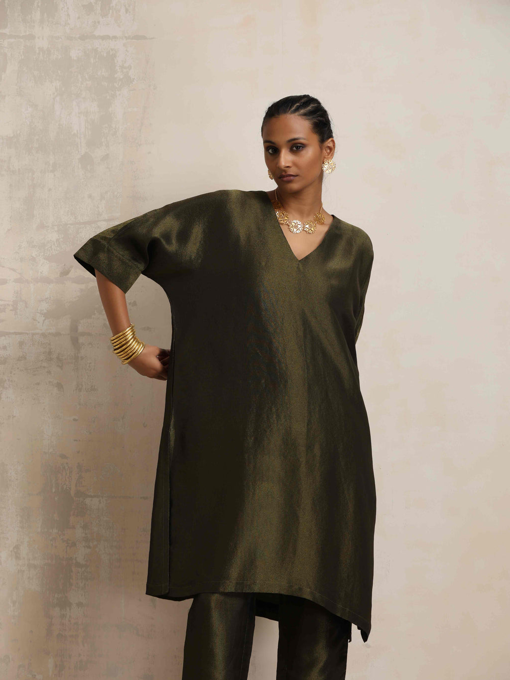 trueBrowns Olive Green Tissue Kurta Co-ord Set | Grocsy
