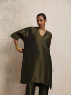 trueBrowns Olive Green Tissue Kurta Co-ord Set | Grocsy