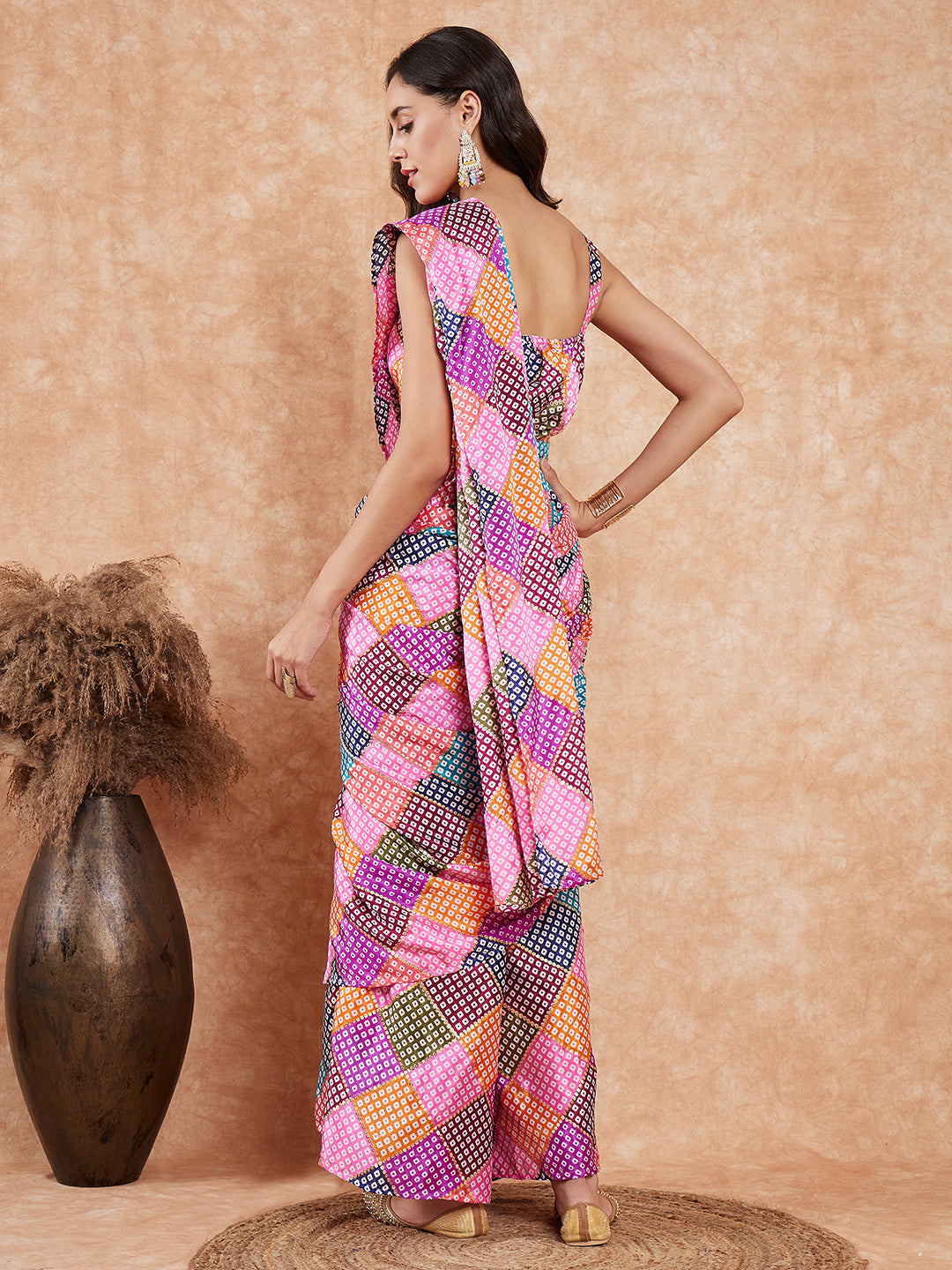 InWeave Women's Pink Square Multi Badhani Palazzo Saree | Grocsy