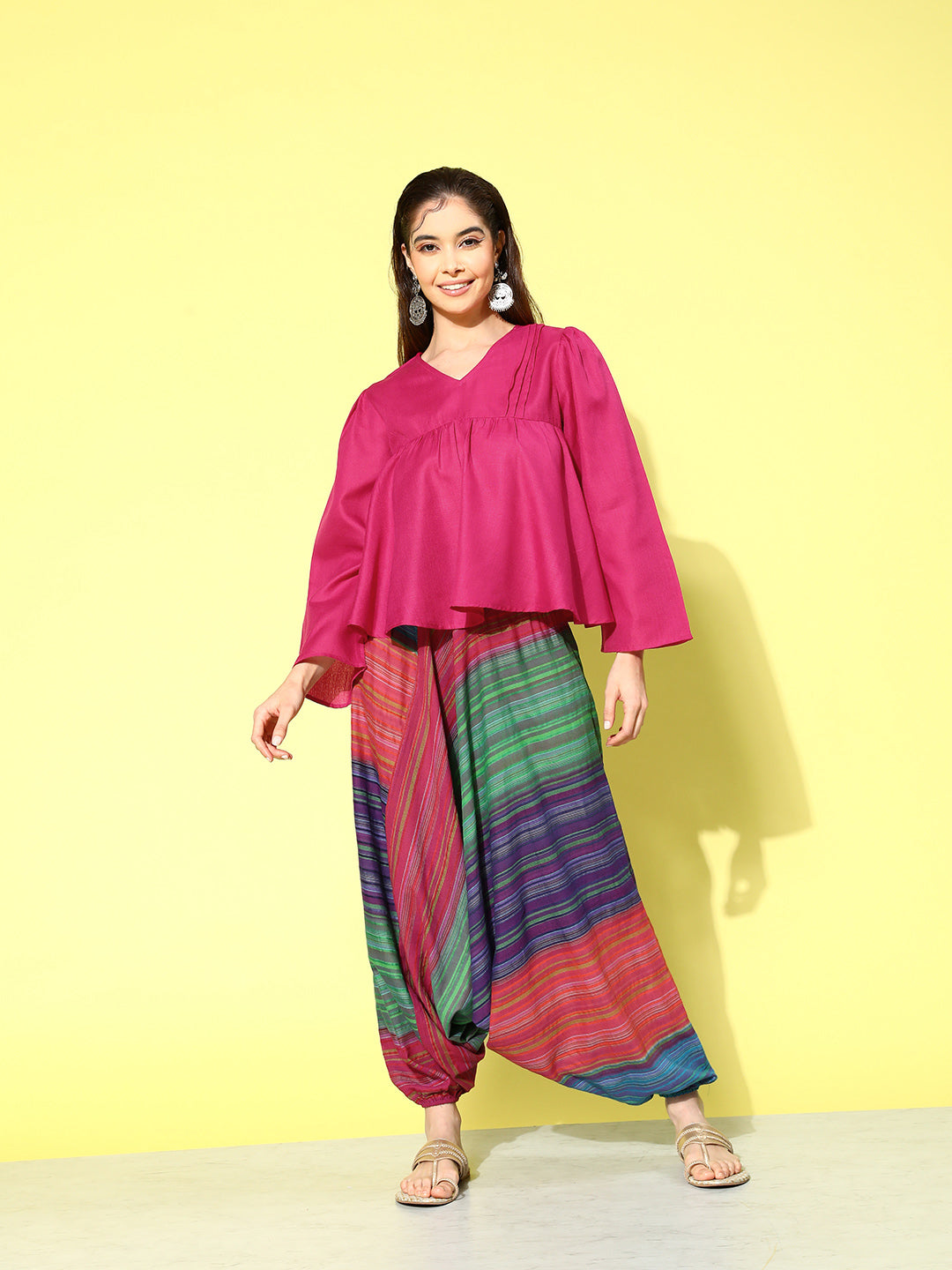 InWeave Women's Magenta Top With Multi Clr Harem Set | Grocsy