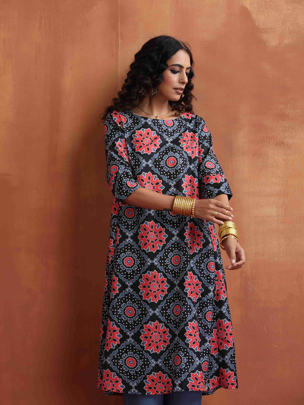 trueBrowns Black Ajrak Print A-line Kurta Set | Grocsy