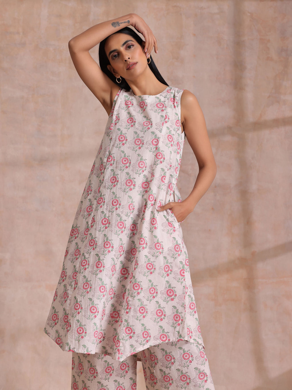 trueBrowns Pink Green Buta On White Block Print Cotton High-Low Co-Ord Set | Grocsy