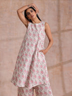trueBrowns Pink Green Buta On White Block Print Cotton High-Low Co-Ord Set | Grocsy