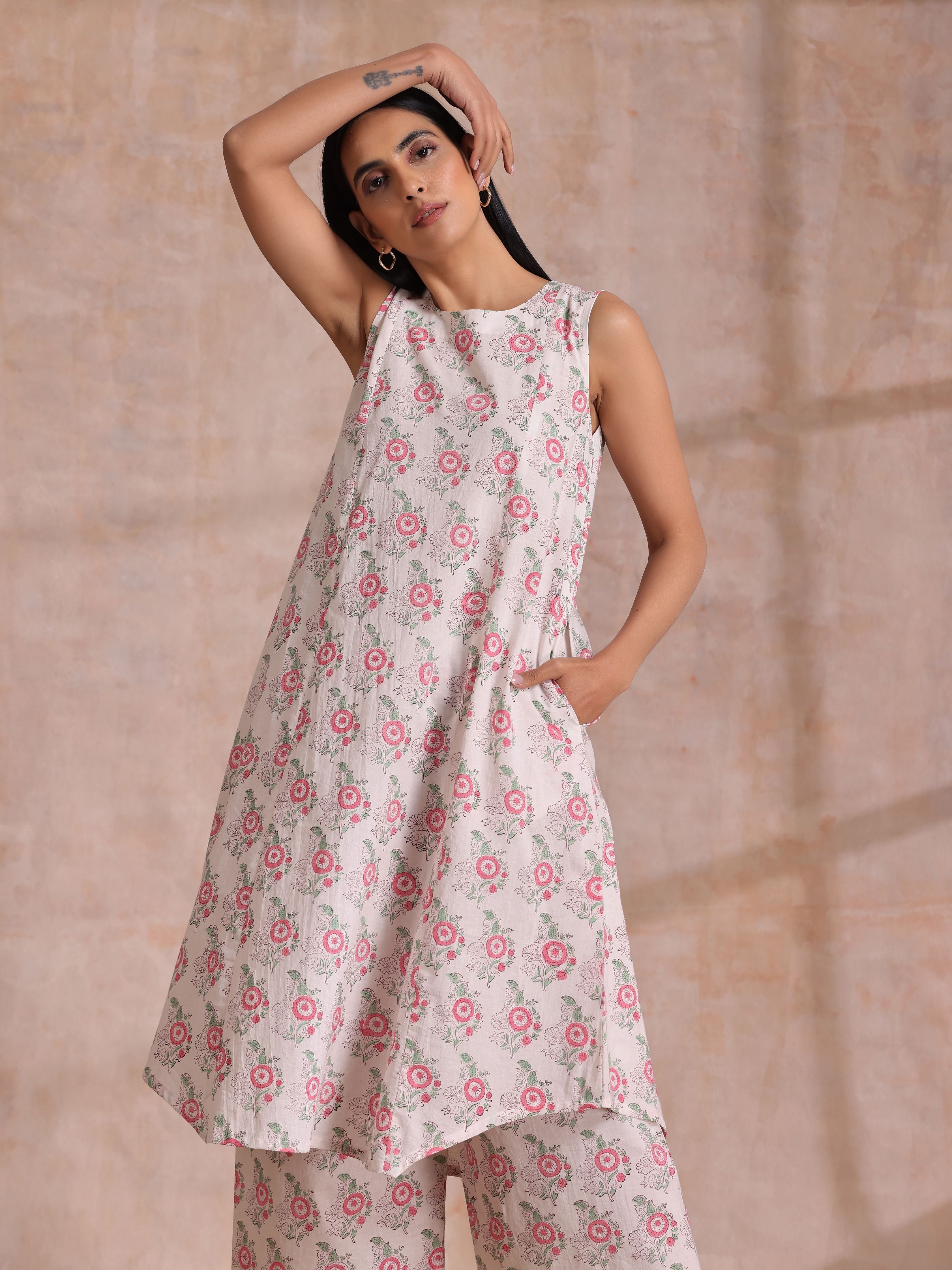 trueBrowns Pink Green Buta On White Block Print Cotton High-Low Co-Ord Set | Grocsy