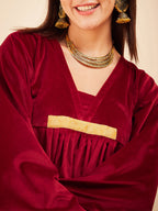 InWeave Women's Barn Red V Neck Asymmetrical Pleated Velvet Kurta Set | Grocsy