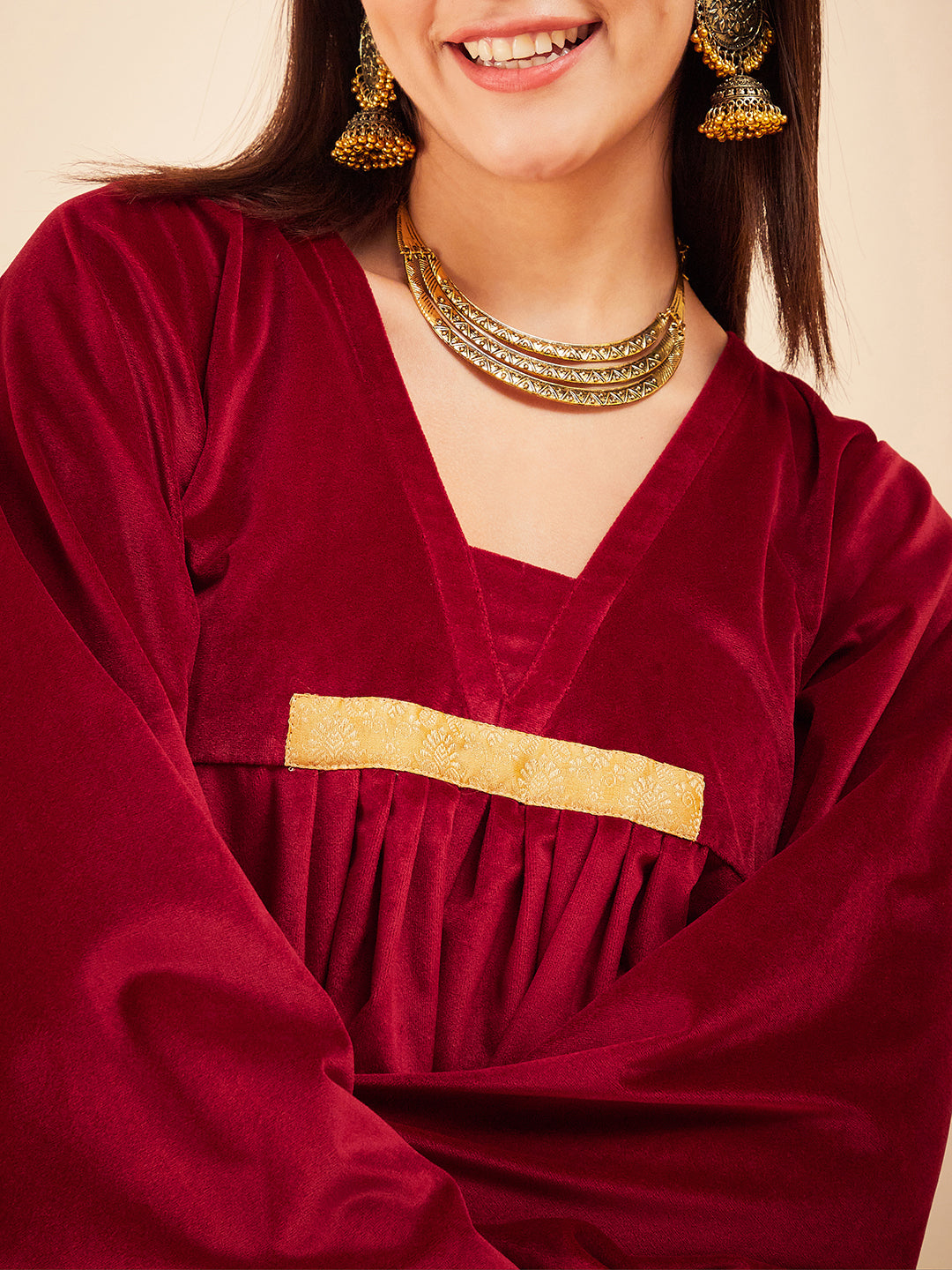 InWeave Women's Barn Red V Neck Asymmetrical Pleated Velvet Kurta Set | Grocsy