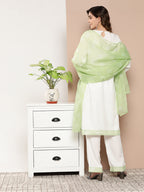 InWeave Women's Cream Straight Kurta Set W Green White Print Organza Dupatta | Grocsy