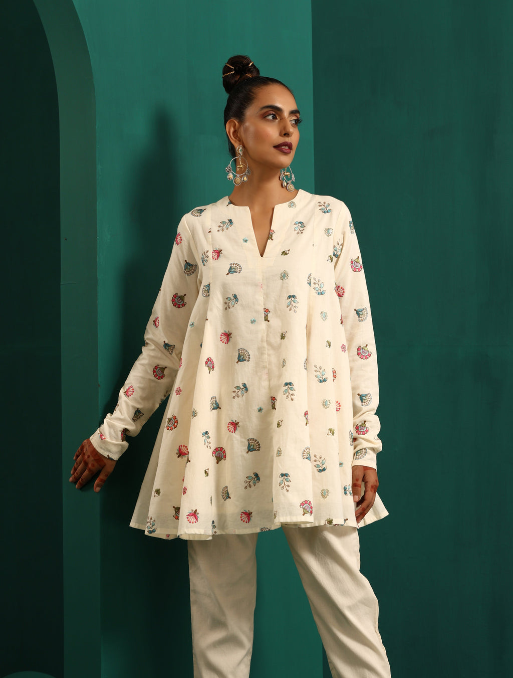 trueBrowns Ivory Multi Color Floral Cotton Flared Co-ord Set | Grocsy