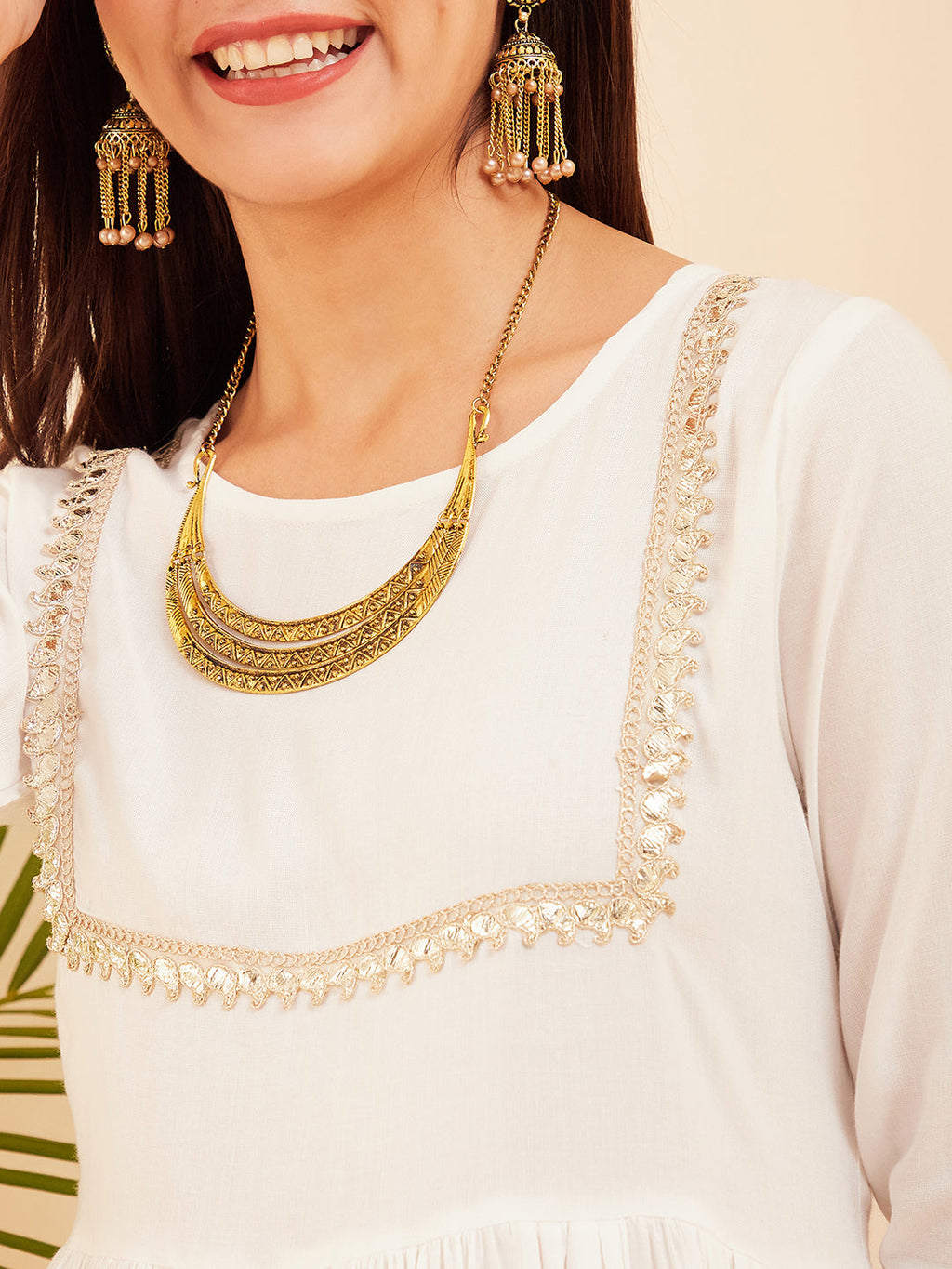 InWeave Women's White Round Neck Square Gota Work Kurta Pant Set | Grocsy
