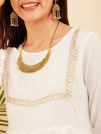 InWeave Women's White Round Neck Square Gota Work Kurta Pant Set | Grocsy