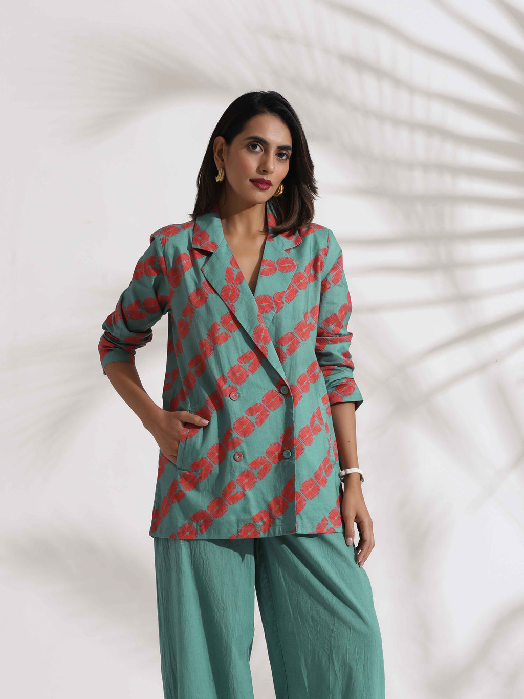 trueBrowns Green Cotton Print Jacket Top Co-ord Set | Grocsy