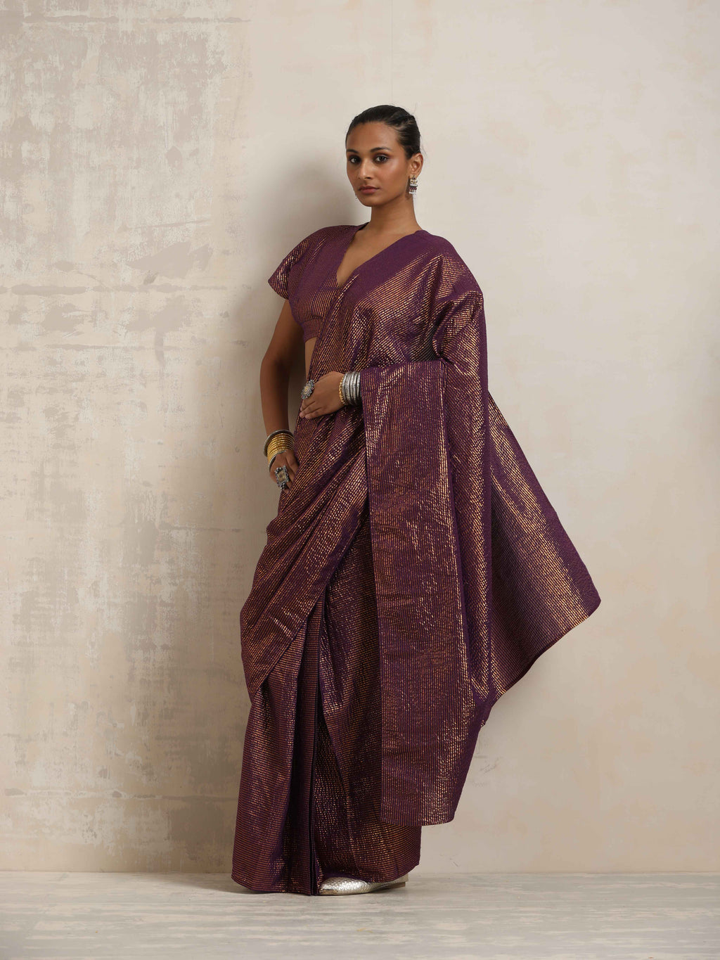 trueBrowns Purple Gold Lurex Ready To Wear Saree | Grocsy