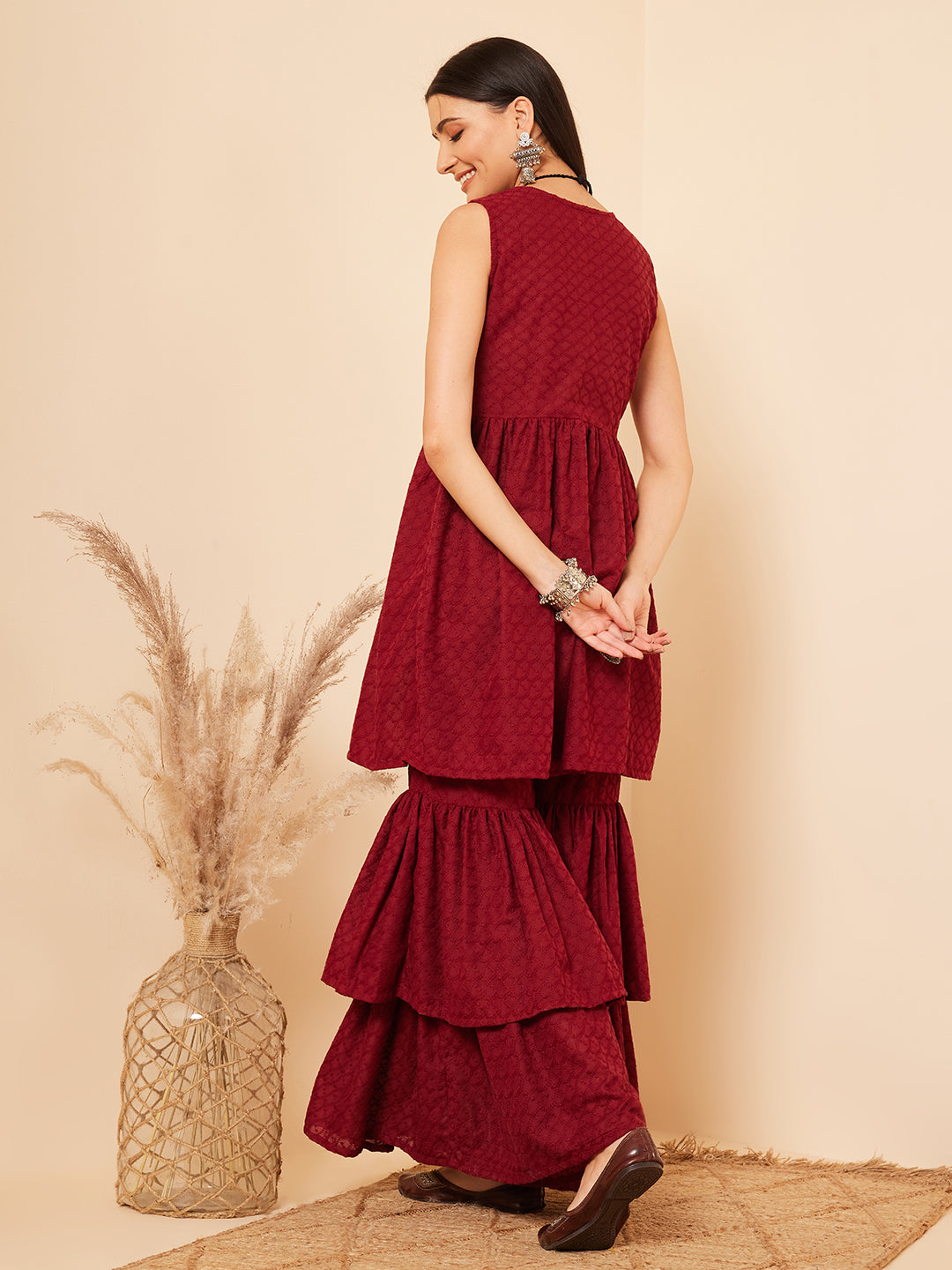 InWeave Women's Carmine Maroon Lace Work Double Layer Sharara Set | Grocsy