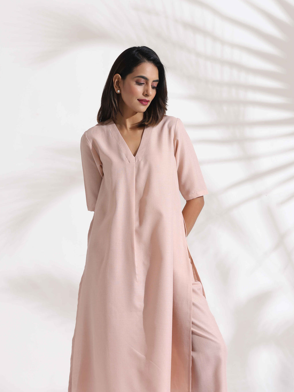 trueBrowns Light Pink Slub Kurta Set | Grocsy