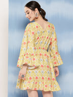 InWeave Women's Yellow Orange Ikkat Print Short Dress | Grocsy