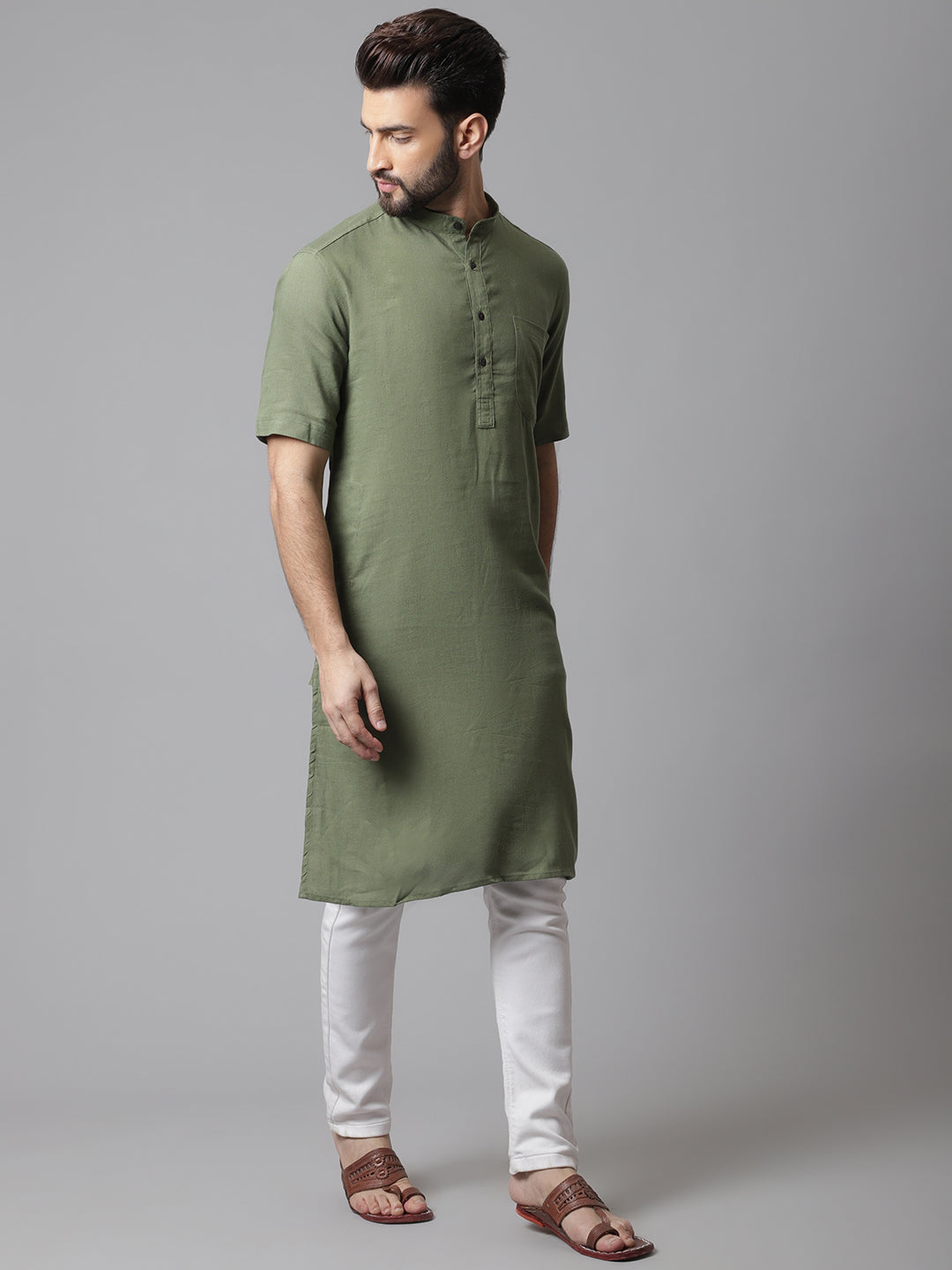 Even Apparels Green Pure Cotton Kurta With Band Collar | Grocsy