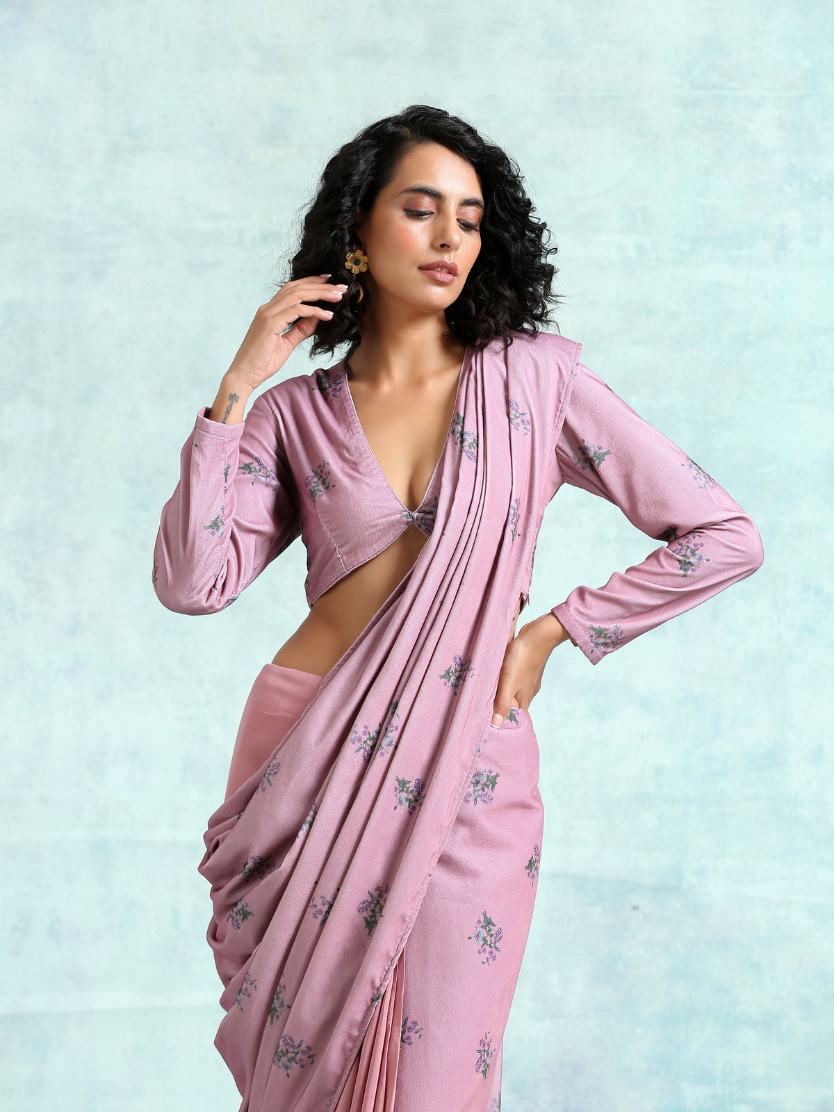 trueBrowns Light Mauve Printed Velvet Ready to Wear Saree | Grocsy