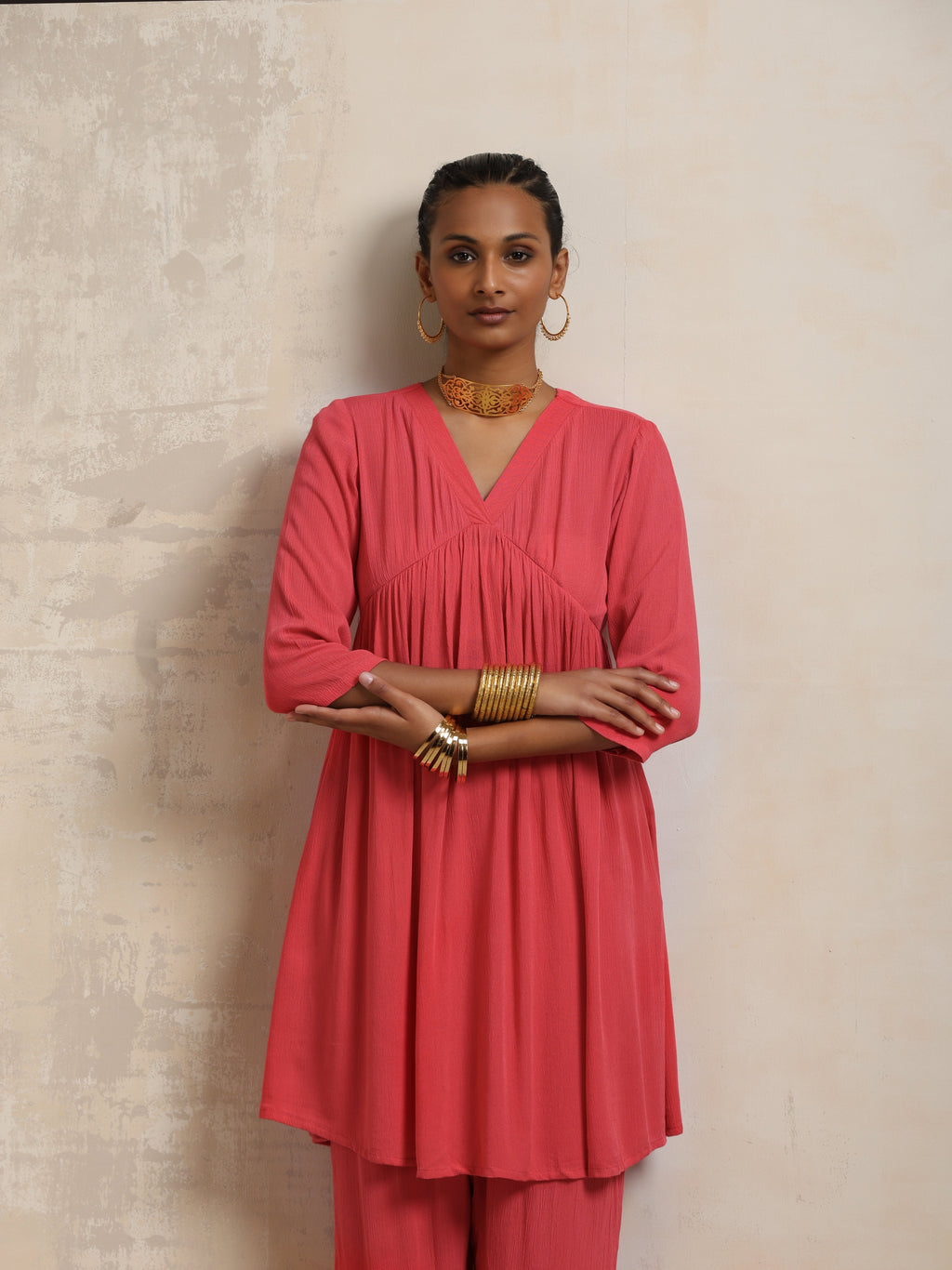 trueBrowns Peach Crinkle Flared Kurta Co-ord Set | Grocsy