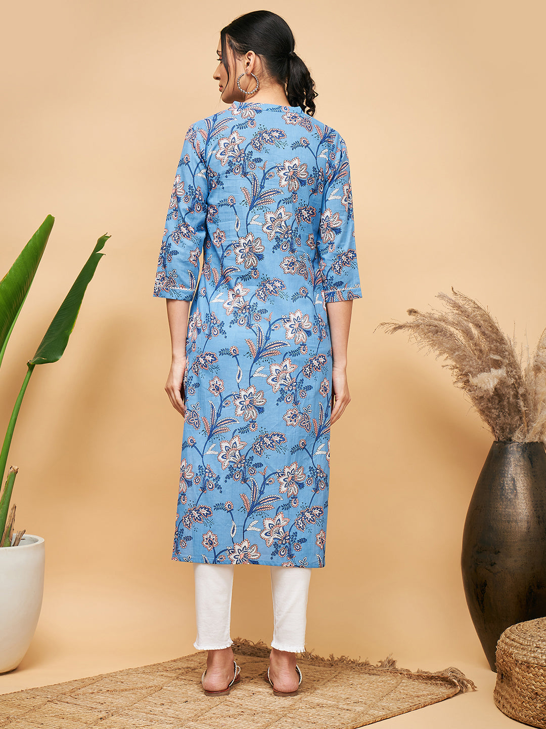 InWeave Women's Skyblue Pink Floral Angrakha Straight Kurta | Grocsy