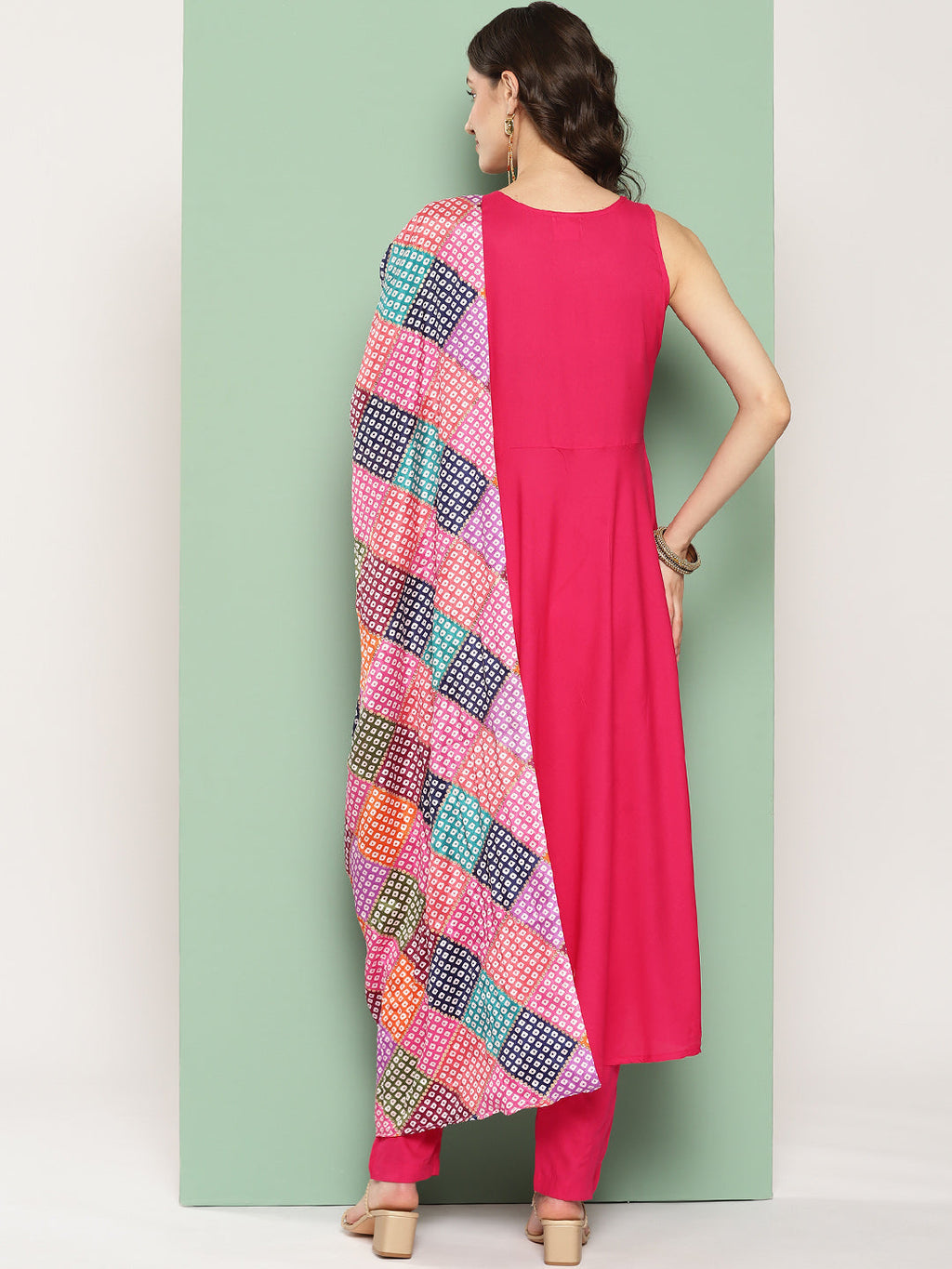 InWeave Women's Fuchsia Mirror Work Strappy Set W Square Bandhani Print Silk Dup | Grocsy